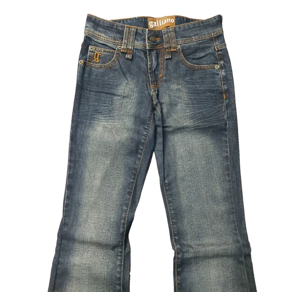 New John Galliano Bronze Silver Gold Big G Low-Rise Flare Jeans Denim Sz 24 …